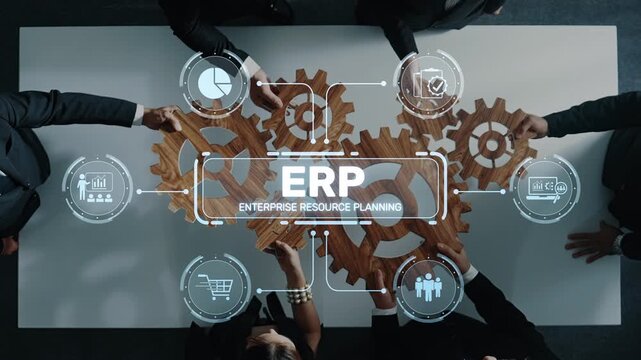 Business professionals work together over a table with wooden gears symbolizing collaboration in Enterprise Resource Planning, emphasizing teamwork in management strategies. Raster