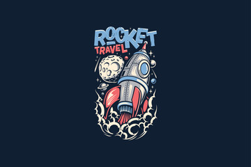 Rocket Travel Vintage Space Illustration – Cartoon Rocket Launching to the Moon with Retro Typography, Space Adventure T-Shirt Design on Dark Background © Md Yeasin
