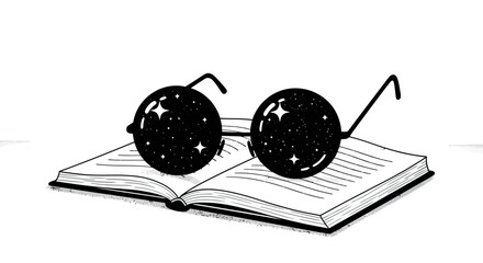 A whimsical black and white illustration of round glasses with starry lenses resting on an open book, suggesting imagination and knowledge.