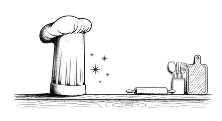 Hand-drawn sketch of a chef's hat and various kitchen utensils on a wooden counter, featuring a rolling pin, cutlery, and a cutting board.