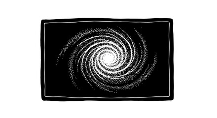 A mesmerizing white dotted spiral vortex on a dark black background, framed by a subtle border, creating an abstract graphic design.