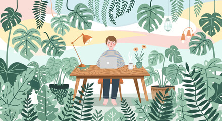 An illustration of a person working on a laptop at a wooden desk, surrounded by lush green houseplants and hanging foliage in a serene, pastel-colored home office.