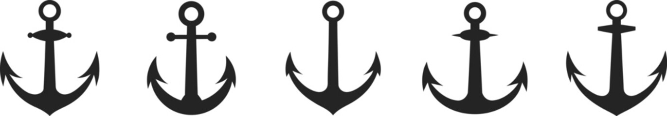 Five black silhouette anchors in a row on white background © KhandokerMehedi