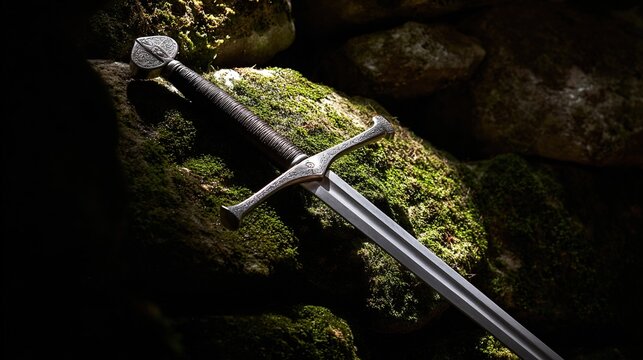 longsword. A medieval longsword thrust into a crack in mossy stone. event programs, museum guides, designed for cultural heritage projects and event programs, supports education.
