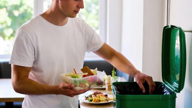 Young man throwing food into green recycling bin indoors.
