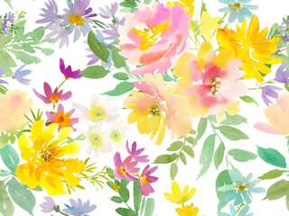 Obraz premium Watercolor floral seamless pattern with abstract hand painted colorful flowers for fabric, surface design and home decor. Floral textile design on a transparent backgroind.