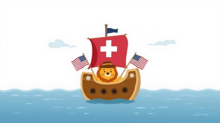 Naklejka premium A vintage ship sails under flags of switzerland and the united states on a blue ocean