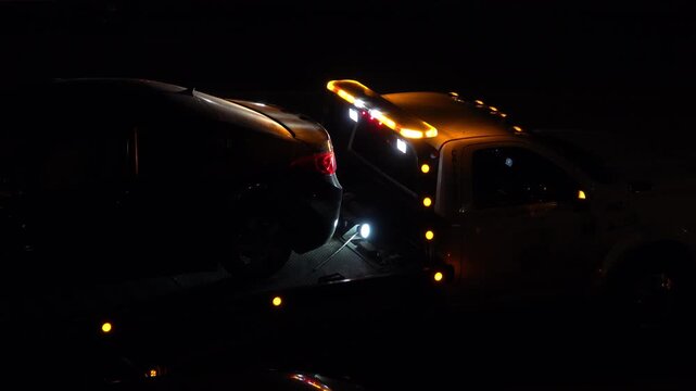 A tow truck, with yellow lights flashing and a disabled car loaded on the flatbed, is shown pulling away on a city road at night.