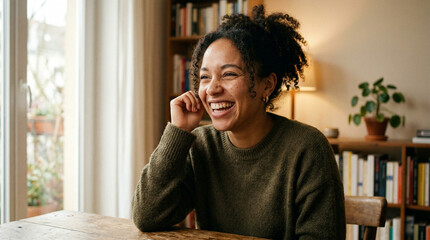 Fototapeta premium Joyful Woman in Cozy Living Room with Bookshelf and Potted Plant, Wearing Olive Sweater, Smiling Brightly in Warm Natural Light from Window, Creating a Relaxed and Inviting Atmosphere