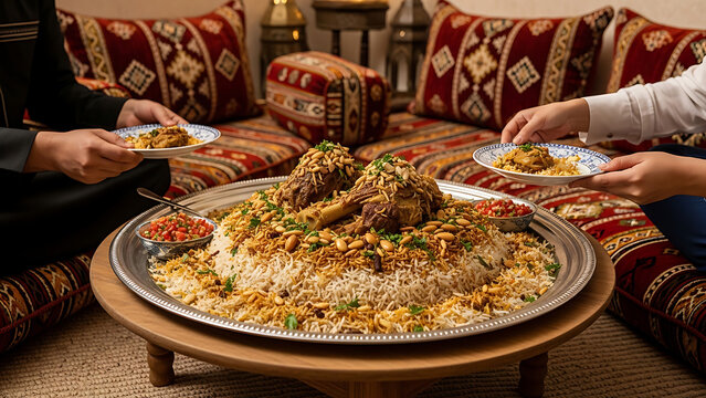 Traditional Middle Eastern Lamb Maqluba Feast with Rice and Nuts, Family Gathering