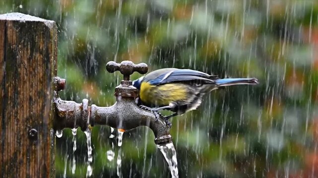Small blue tit bird drinking water from a faucet during heavy rain.
