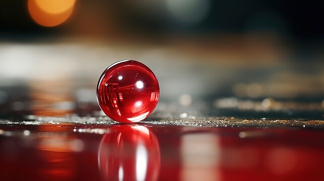 Close-up of Shiny Red Glass Ball on Reflective Surface
