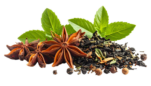 Aromatic star anise and mint leaves on transparent background create an invigorating tea blend perfect for culinary and health applications