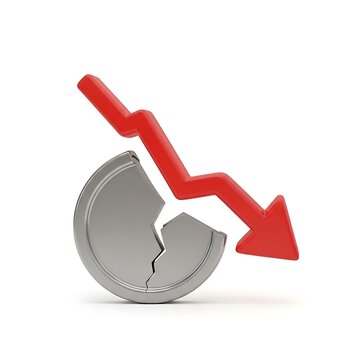Broken coin with red downward arrow indicating financial loss or economic decline