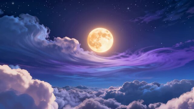 Majestic Night Sky with a Beautiful Moon and Seamless Cloudscape in Looping 3D Animation