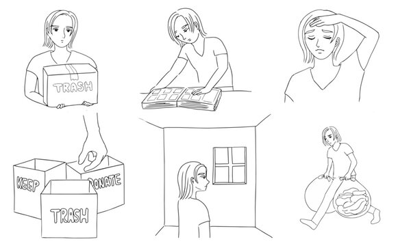 Adult daughter decluttering parents house alone, estate cleanout concept vector illustration