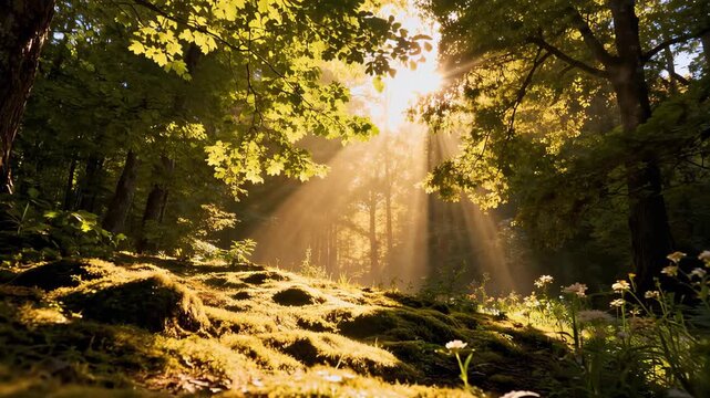 Bright Sunshine Beams Through Lush Forest Foliage