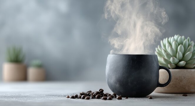 A hot dark beverage steams beside roasted seeds and a small potted plant on a light surface