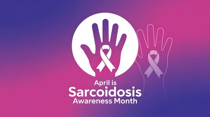Obraz premium April is sarcoidosis awareness month banner with purple ribbon and hand silhouette on colorful gradient background for medical campaign and health promotion regarding lung disease