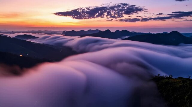 4K Aerial Time Lapse of Rolling Fog Against Vibrant Twilight Sky in Vietnam - Beautiful Nature Atmosphere