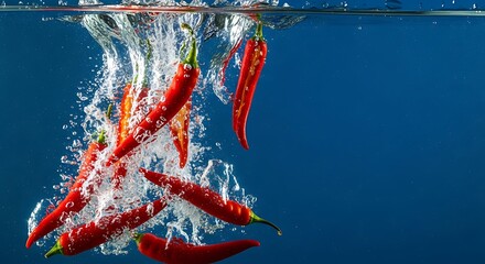 Vibrant Red Chili Peppers Plunging into Water, Creating Dynamic Splash Against Blue Background.