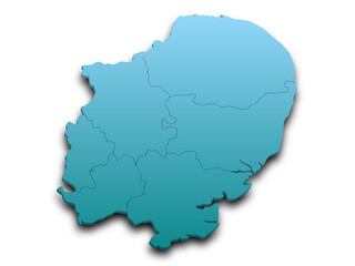 Fototapeta premium 3d East of England map, UK. Detailed high-quality illustration showing the administrative region geography boundaries isolated in white background.