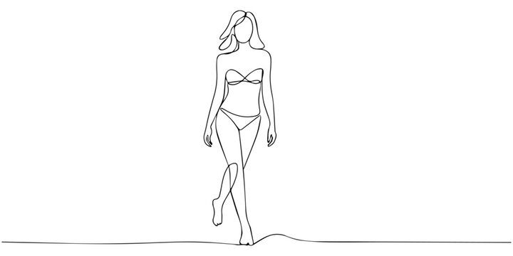 continuous one line drawing Vector illustration of a woman in a bikini walking on the beach