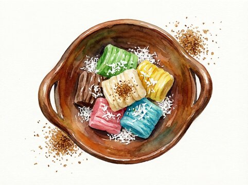 Watercolor illustration of colorful Mexican coconut candies in a clay bowl.