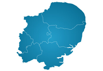 East of England map. East Anglia administrative map. counties map of East of England, empty map of East of England