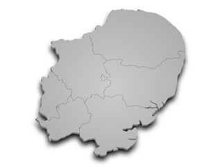 Fototapeta premium 3d East of England map, UK. Detailed high-quality illustration showing the administrative region geography boundaries isolated in white background.
