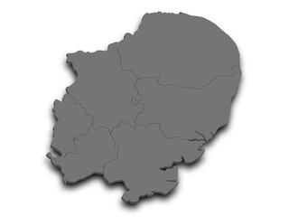 Obraz premium 3d East of England map, UK. Detailed high-quality illustration showing the administrative region geography boundaries isolated in white background.