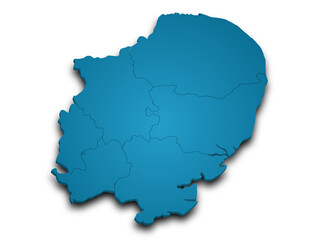 3d East of England map, UK. Detailed high-quality illustration showing the administrative region geography boundaries isolated in white background.