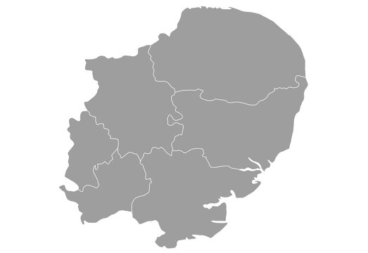 East of England map. East Anglia administrative map. counties map of East of England, empty map of East of England