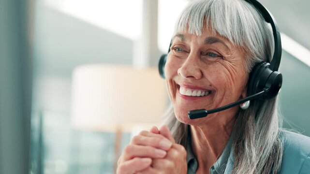 Computer, talk or happy woman with headset in call center, explain troubleshooting steps or customer care. Hotline, advice or mature agent with contact for tech support, guidance or client assistance