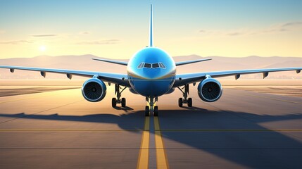 Obraz premium Blue Commercial Airplane on Runway at Sunset