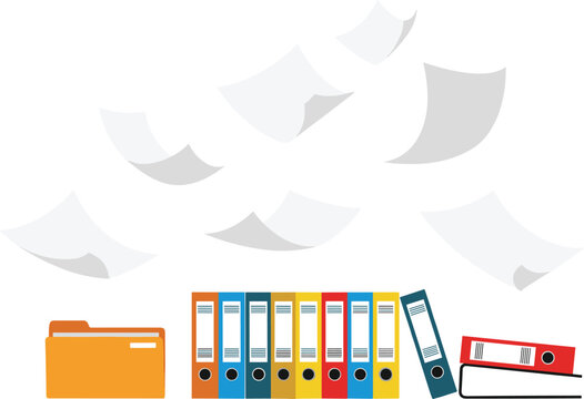Office document management concept with folders, binders and flying papers, business paperwork organization and file storage vector illustration for office workflow