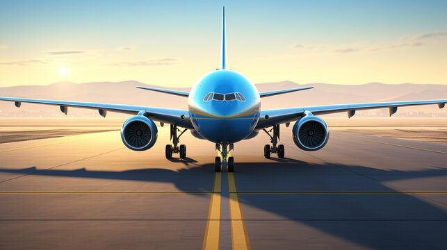 Blue Commercial Airplane on Runway at Sunset