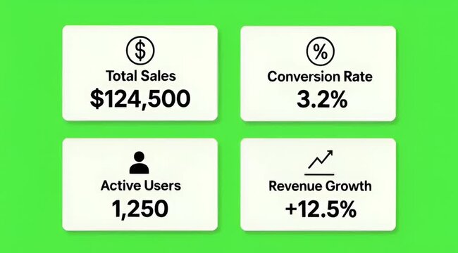 Business metrics dashboard showing total sales, conversion rate, active users, and revenue growth