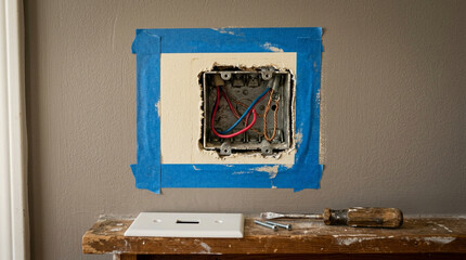 Removed switch plate with exposed wires and blue tape on half-painted wall with screwdriver. Painting process, electrical detail, and renovation close-up concept.