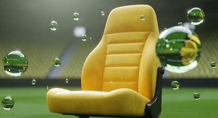 Obraz premium A yellow stadium seat surrounded by floating bubbles on green turf Brazil colors in 2026 soccer world championship