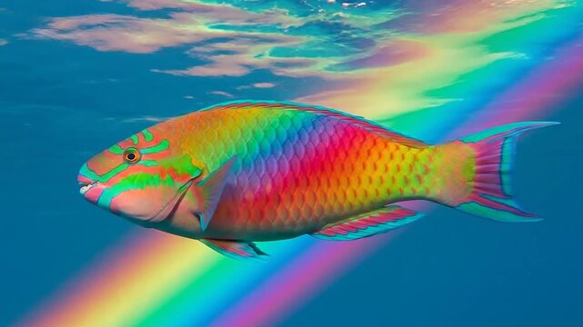 Vibrant colorful parrotfish swimming underwater in the clear blue ocean, reflecting a beautiful rainbow of light.