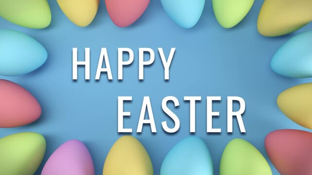 Video animation of sixteen pastel color Easter eggs on blue background and the message Happy Easter in white - vacation concept - seamless loop.