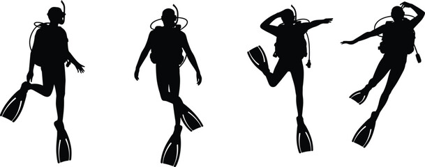 WebScuba diver silhouettes in dynamic underwater poses isolated on white background, professional diving equipment and marine adventure concept for ocean exploration design © Moklesur