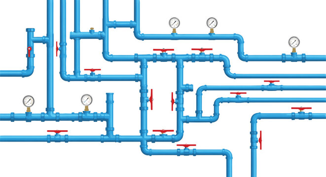 Industrial pipeline system vector illustration water pipes valves pressure gauges plumbing network diagram