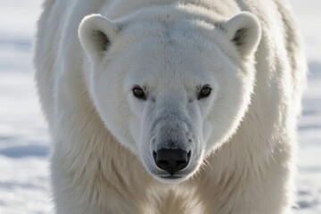 Fototapeta premium Close-up of a polar bear walking on snow in a natural Arctic environment