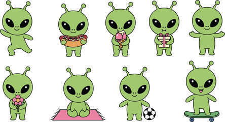 Cute green alien characters collection with funny extraterrestrial mascot doing different activities like eating, gifting, sports and yoga cartoon vector set