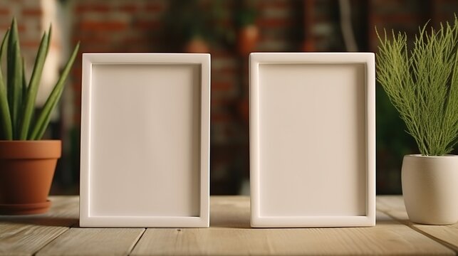 Two White Picture Frames with Plants on Wooden Surface