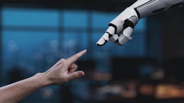 A robotic hand interacts with a virtual CRM interface, highlighting key metrics and user engagement, symbolizing innovation in business management within a modern workspace. Synapse