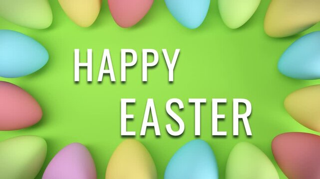 Video animation of sixteen pastel color Easter eggs on green background and the message Happy Easter in white - vacation concept - seamless loop.