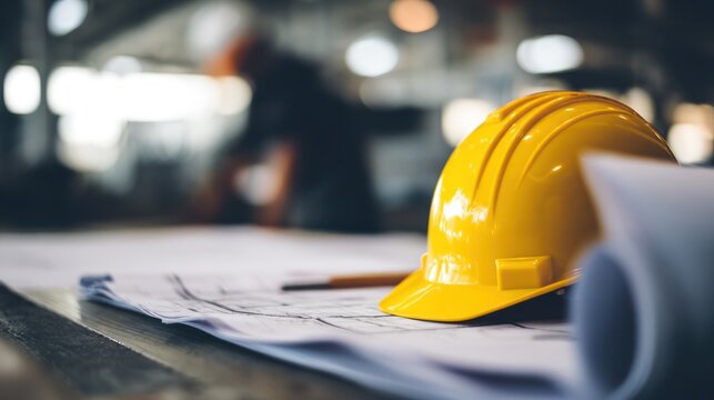 Architectural blueprint on a drafting table with a professional in safety helmet, set against a construction site backdrop. real-estate listings.